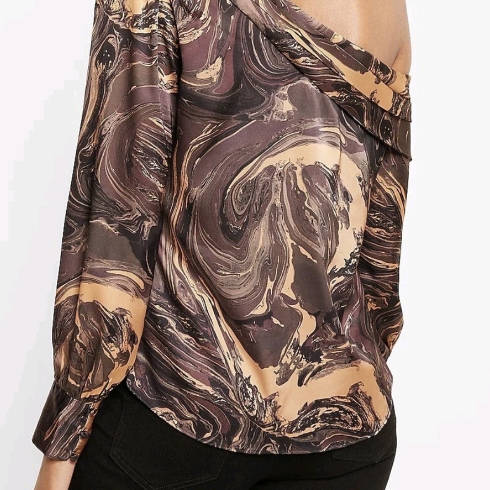 Express Satin Marble Print One Shoulder Long Sleeve Top - Picture 2 of 7